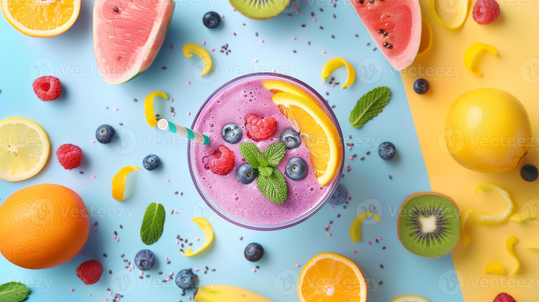 Bold and colorful poster design with a spinning plate of smoothie photo