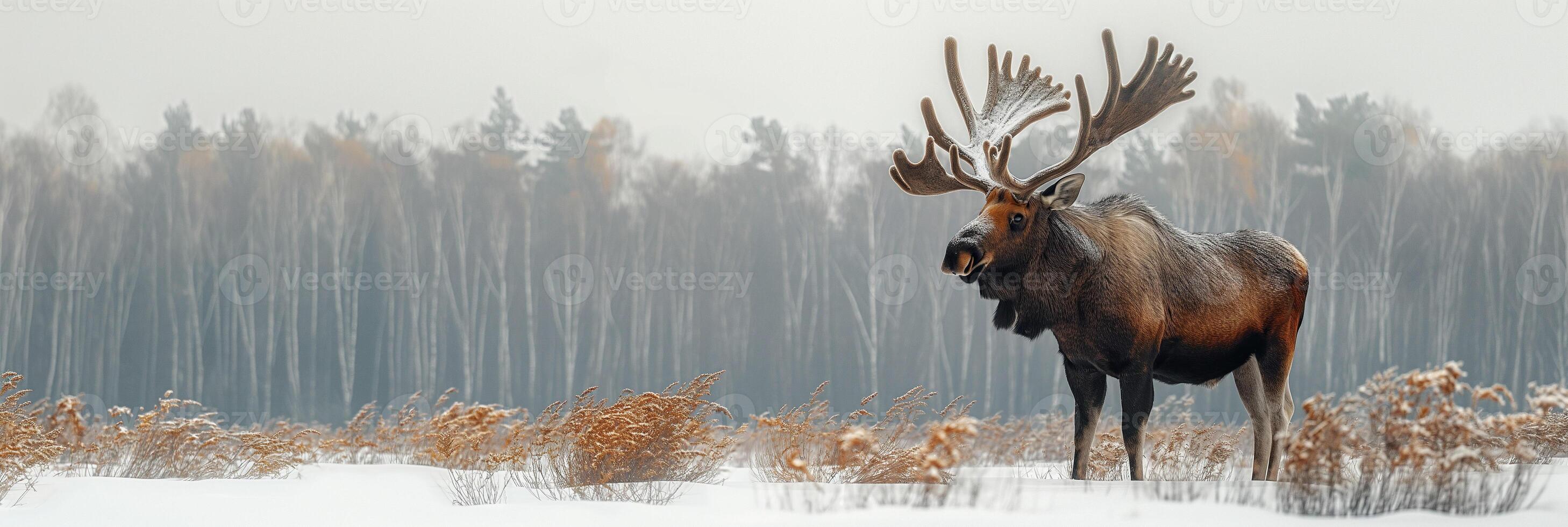 Male horned moose in a field with snow in winter on forest background close-up photo