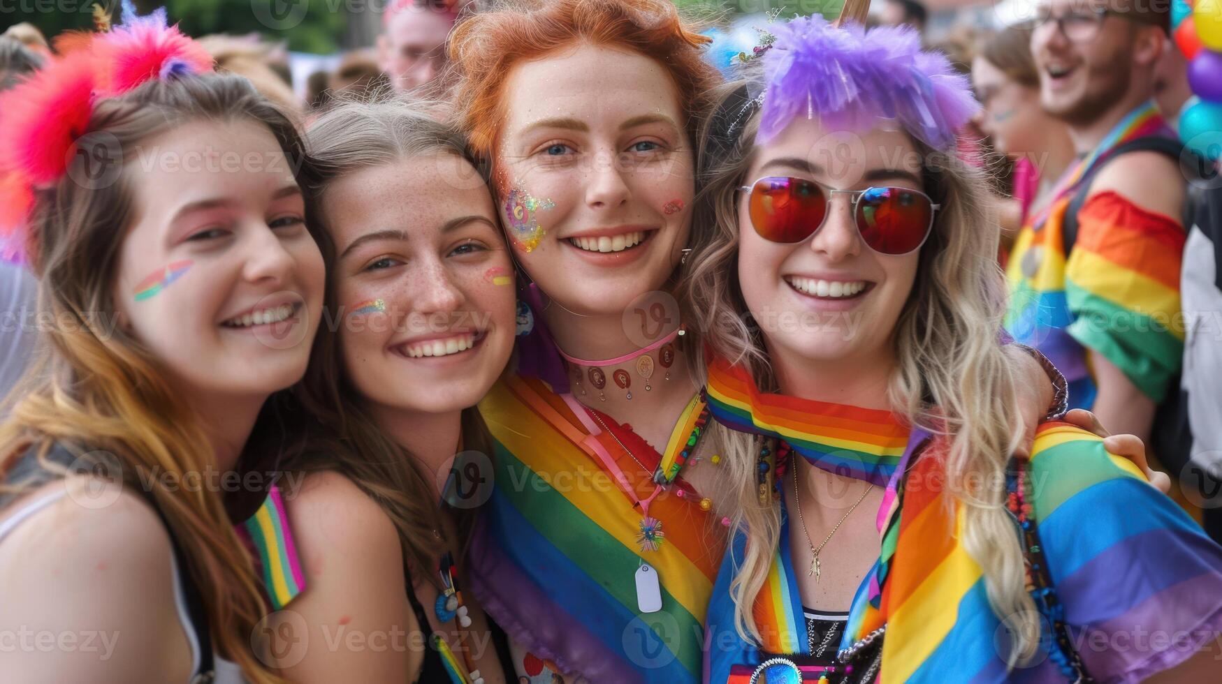 Diversity young gay women waving pride rainbow flag photo
