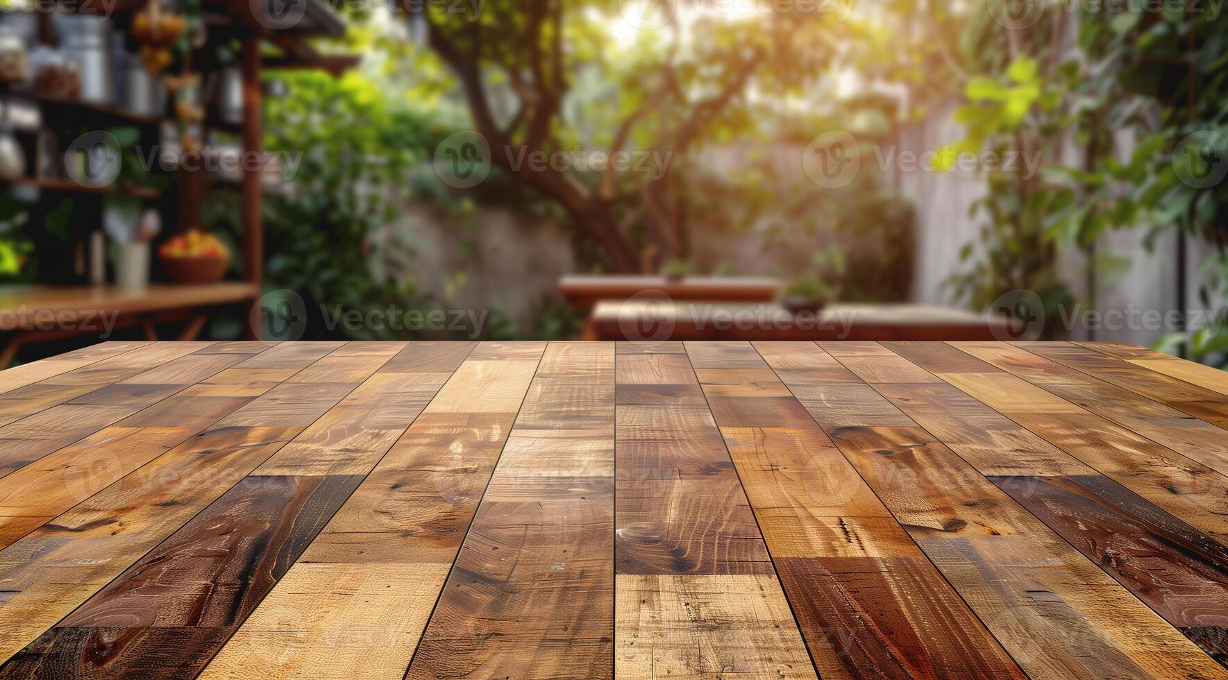 Empty wooden table top with blurred background for product display presentation photo