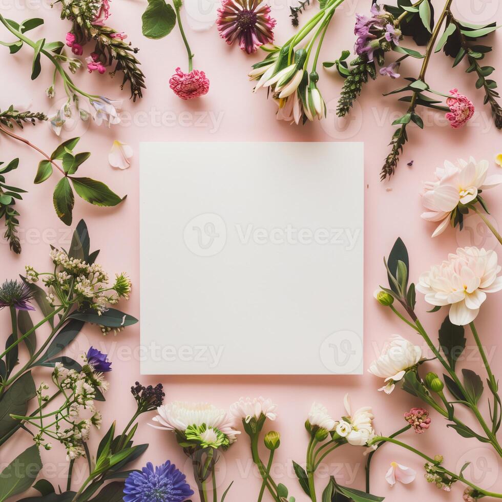 Square blank card surrounded by pastel colored flowers on a light pink background in a top view photo