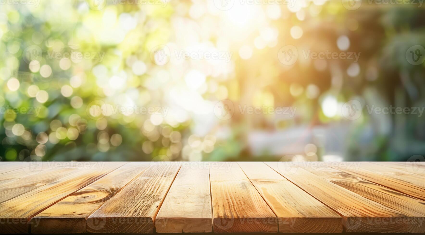 Empty wooden table top with blurred background for product display presentation photo