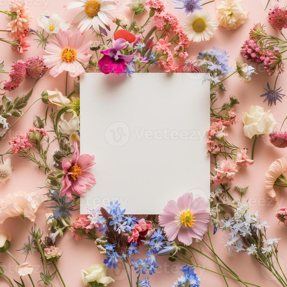 Square blank card surrounded by pastel colored flowers on a light pink background in a top view photo