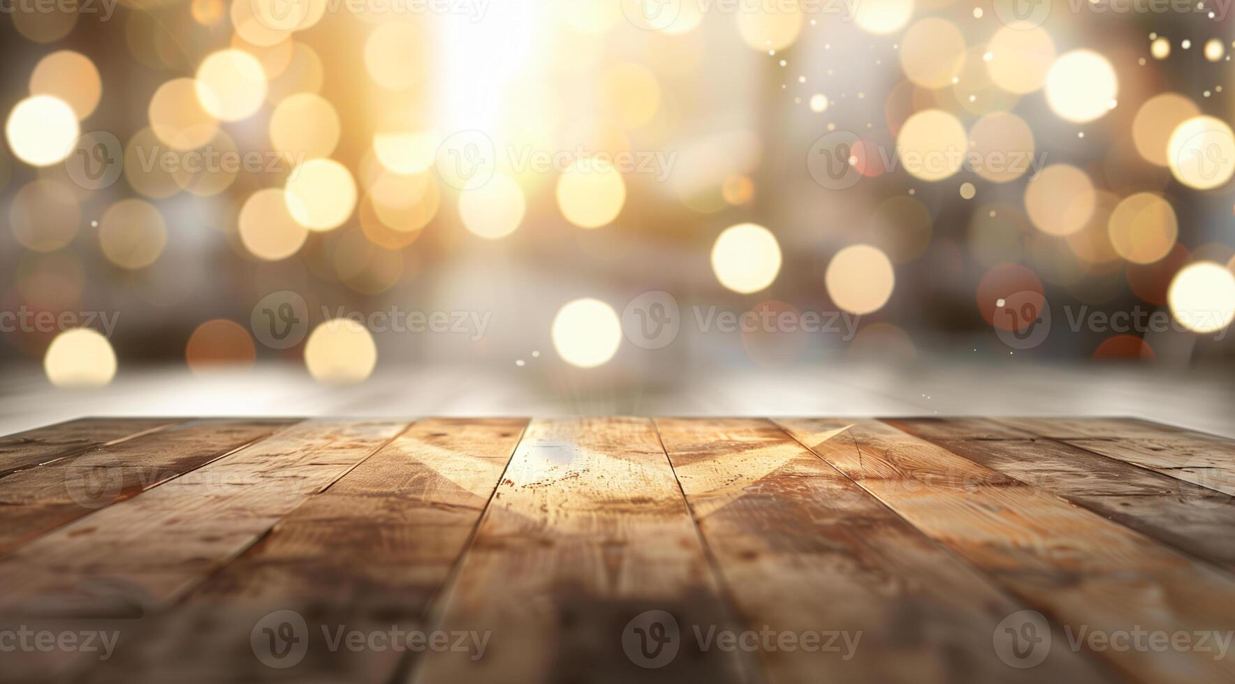 Empty wooden table top with blurred background for product display presentation photo