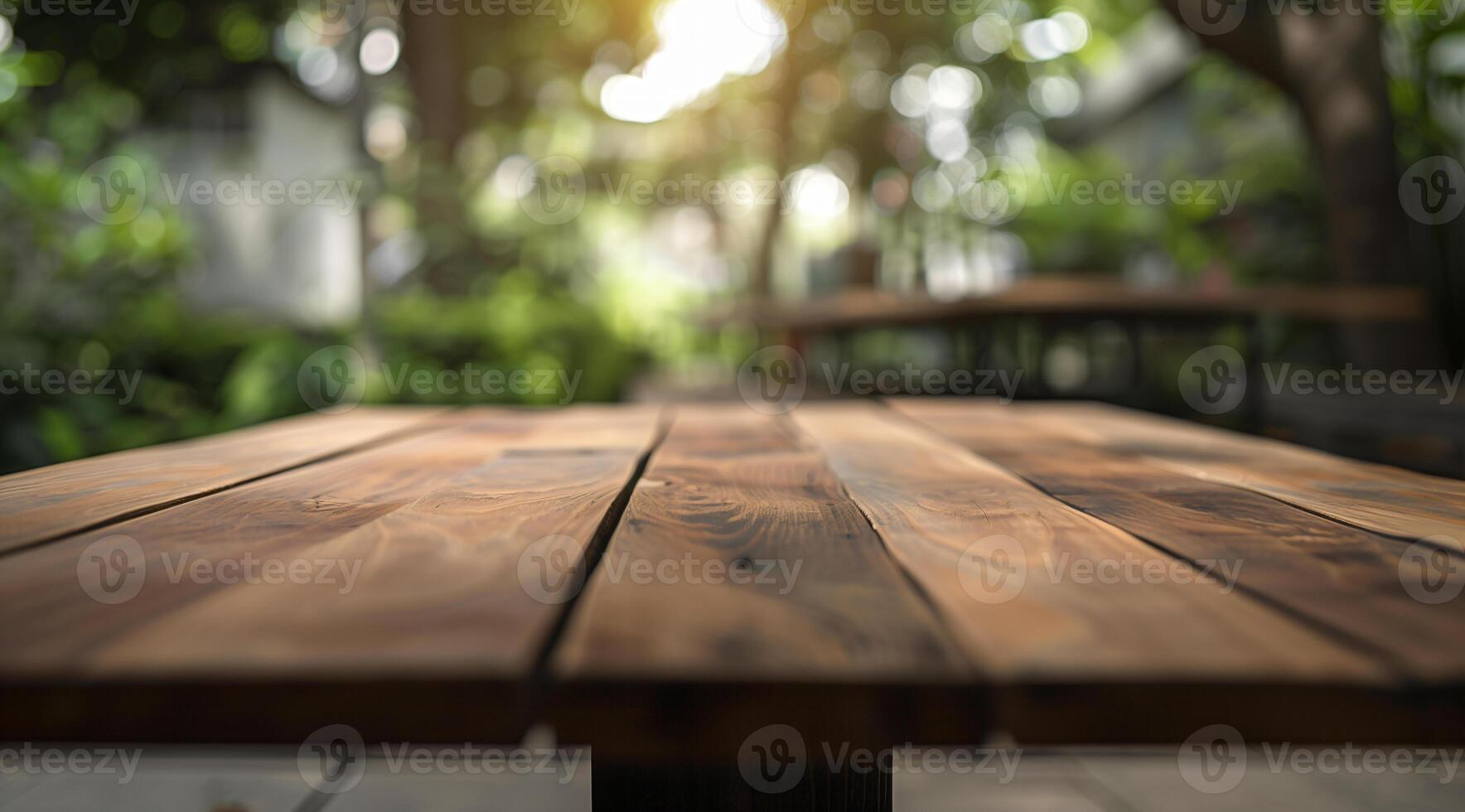 Empty wooden table top with blurred background for product display presentation photo