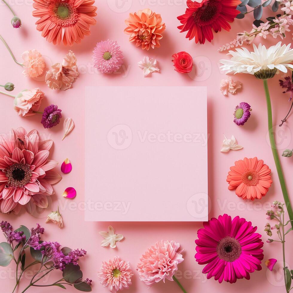Square blank card surrounded by pastel colored flowers on a light pink background in a top view photo