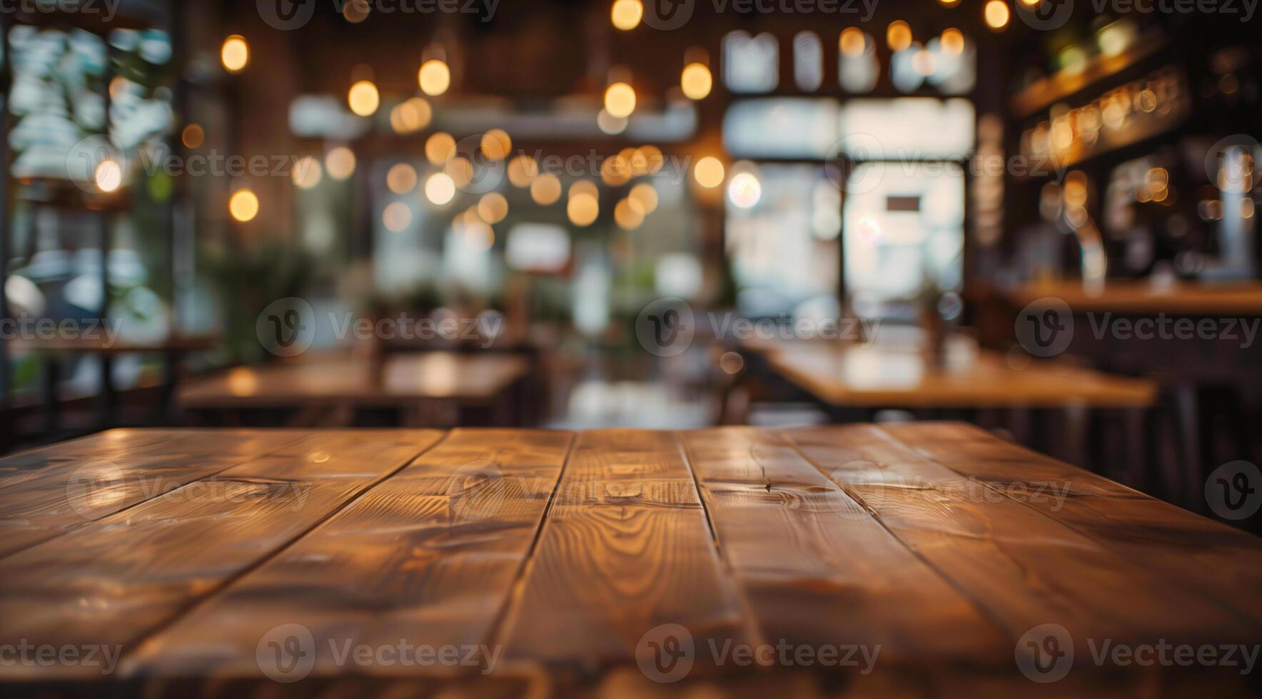 Empty wooden table top with blurred background for product display presentation photo
