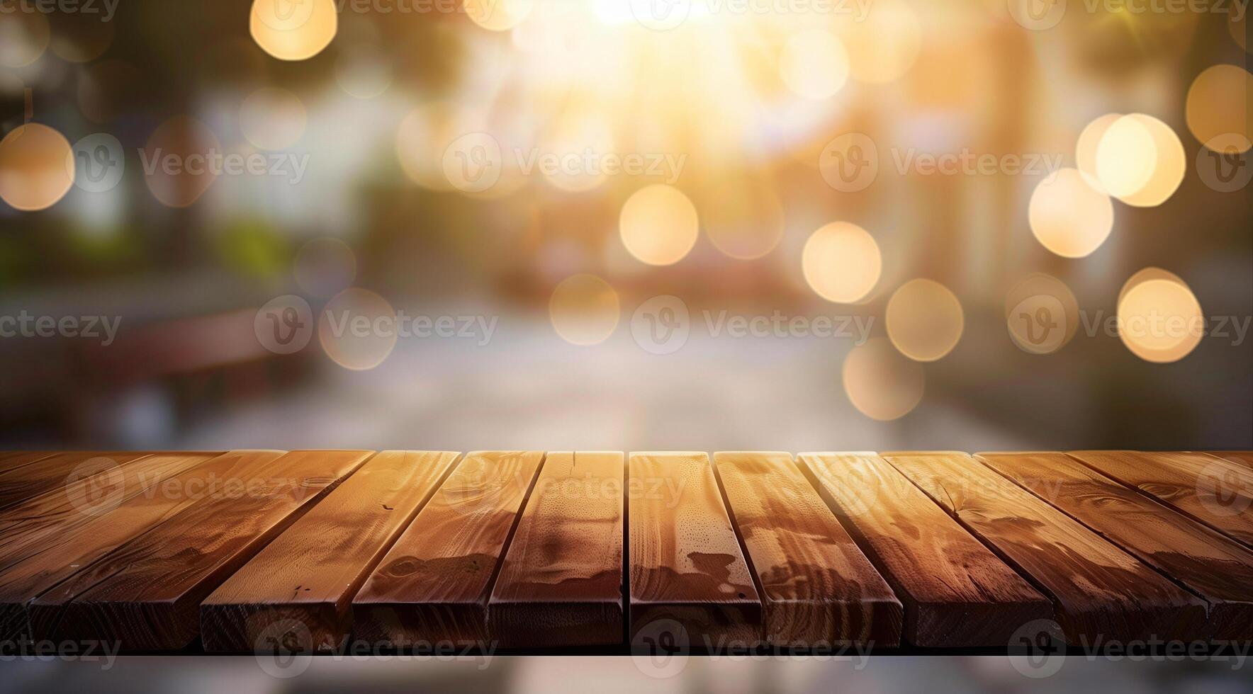 Empty wooden table top with blurred background for product display presentation photo