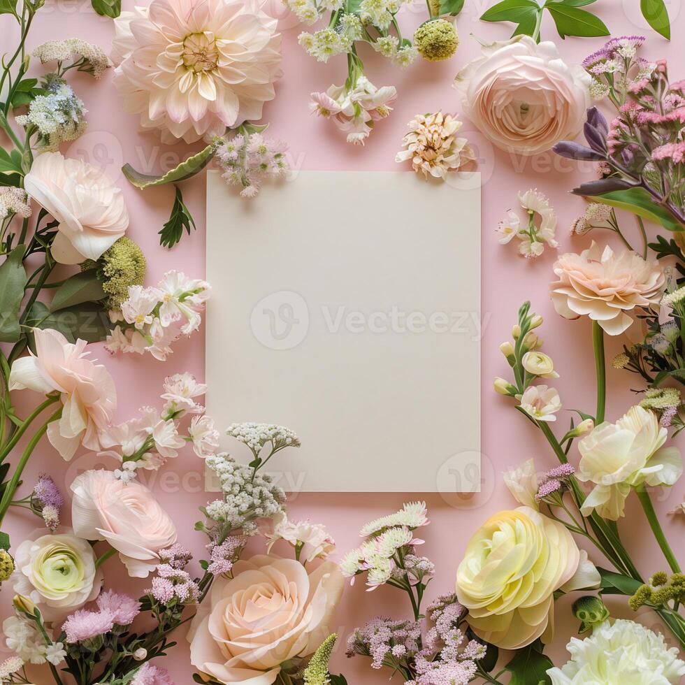 Square blank card surrounded by pastel colored flowers on a light pink background in a top view photo