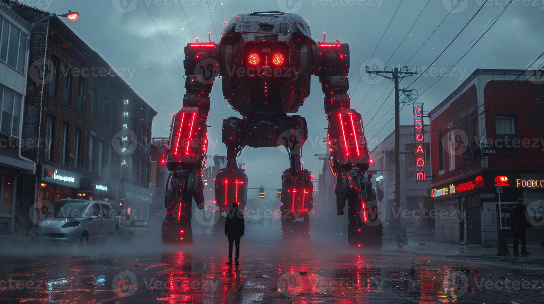 futuristic robot with glowing red eyes photo
