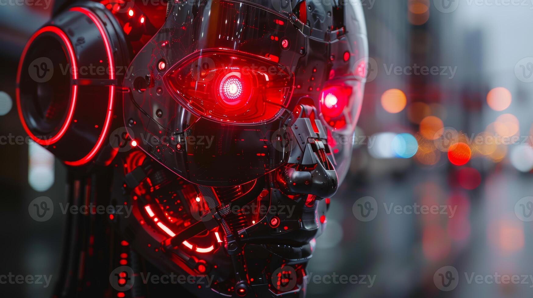 futuristic robot with glowing red eyes photo