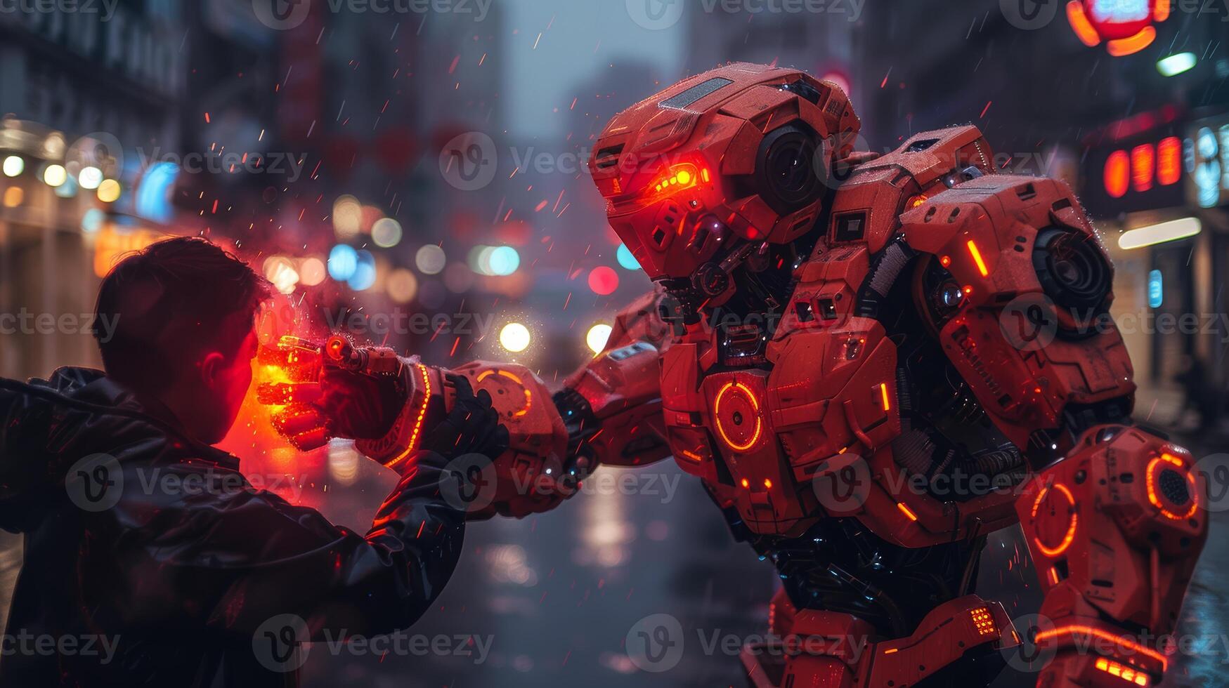 futuristic robot with glowing red eyes photo