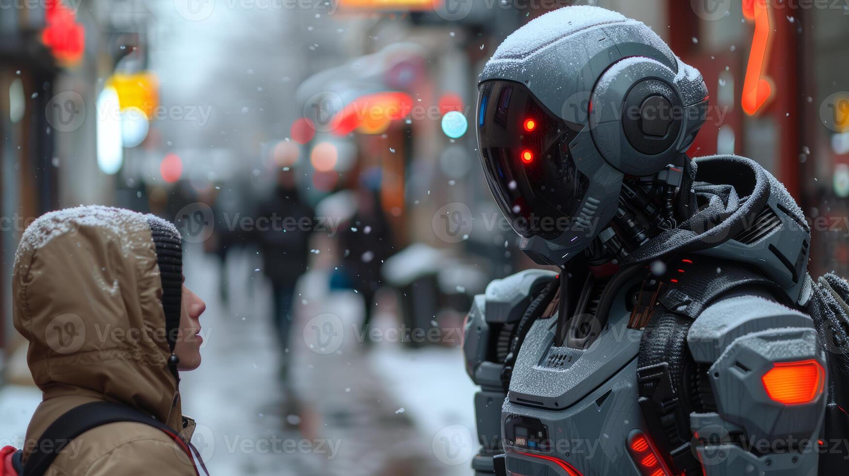 futuristic robot with glowing red eyes photo