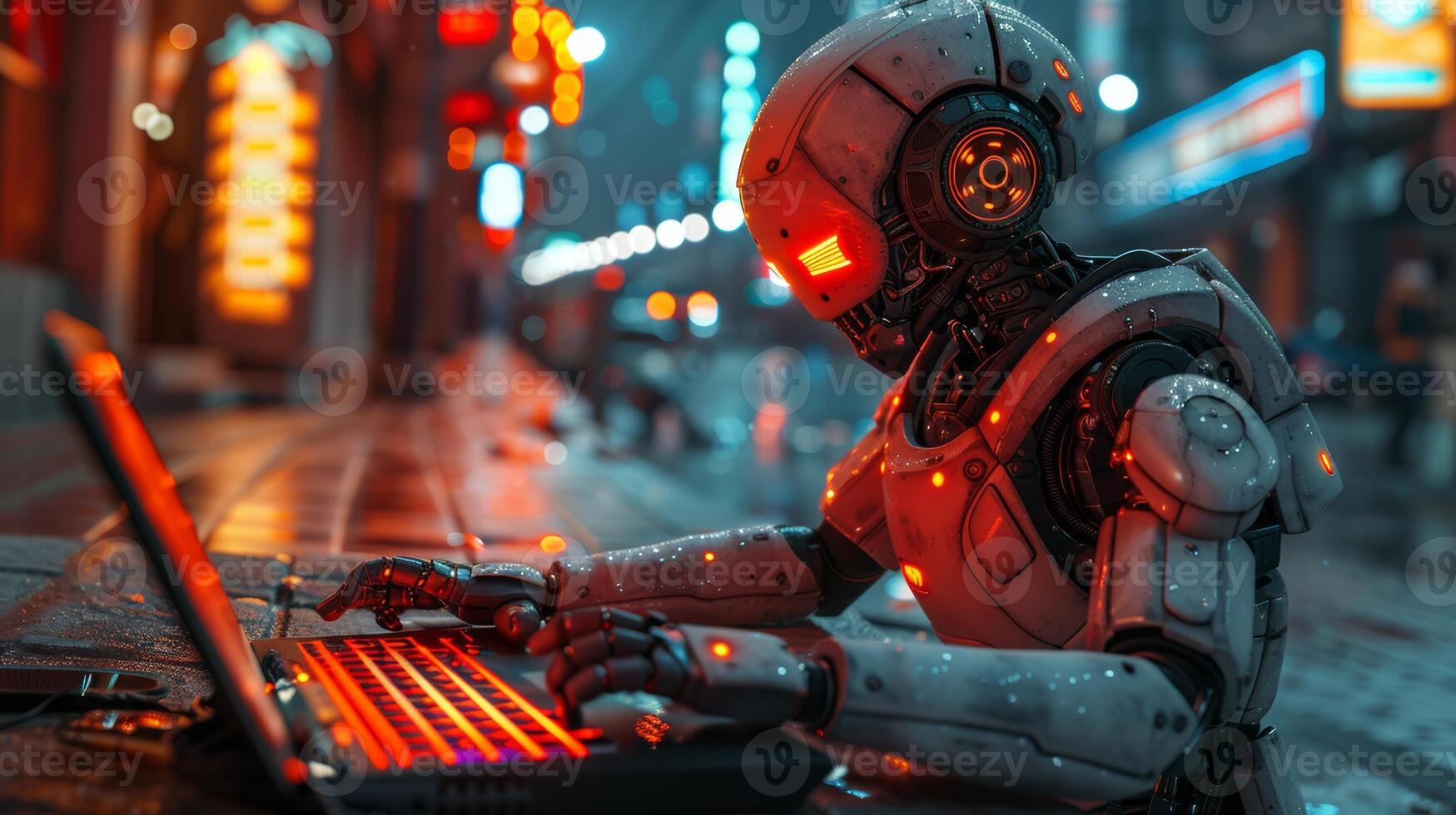 futuristic robot with glowing red eyes photo