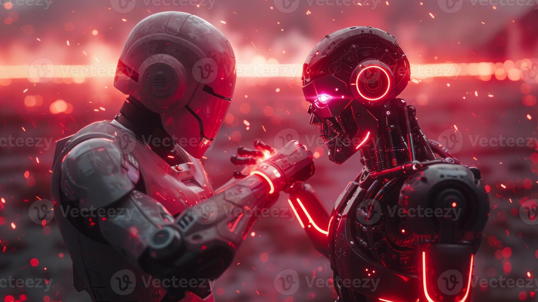 futuristic robot with glowing red eyes photo