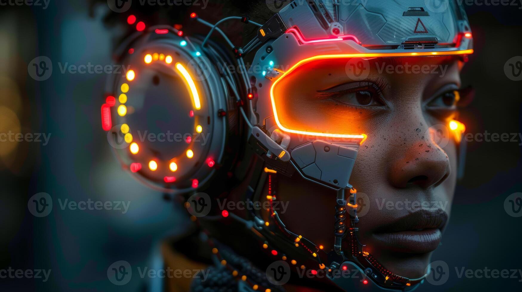 futuristic robot with glowing red eyes photo