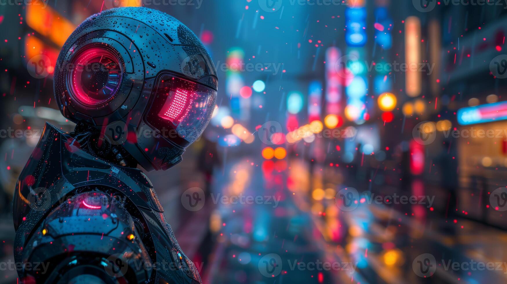 futuristic robot with glowing red eyes photo