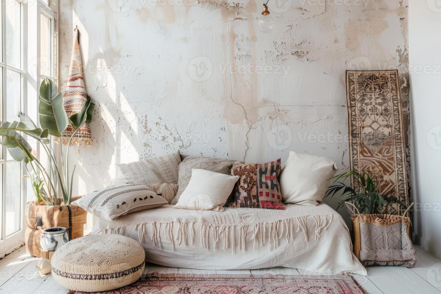 Bohemian-inspired eclectic decor against a soft transparent white surface, ideal for eclectic designs photo