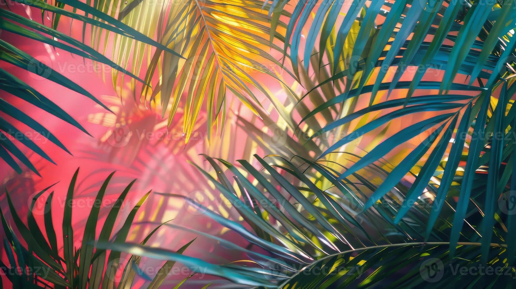 A tropical scene with green leaves and a pinkish hue. The leaves are in various shades of green and yellow photo