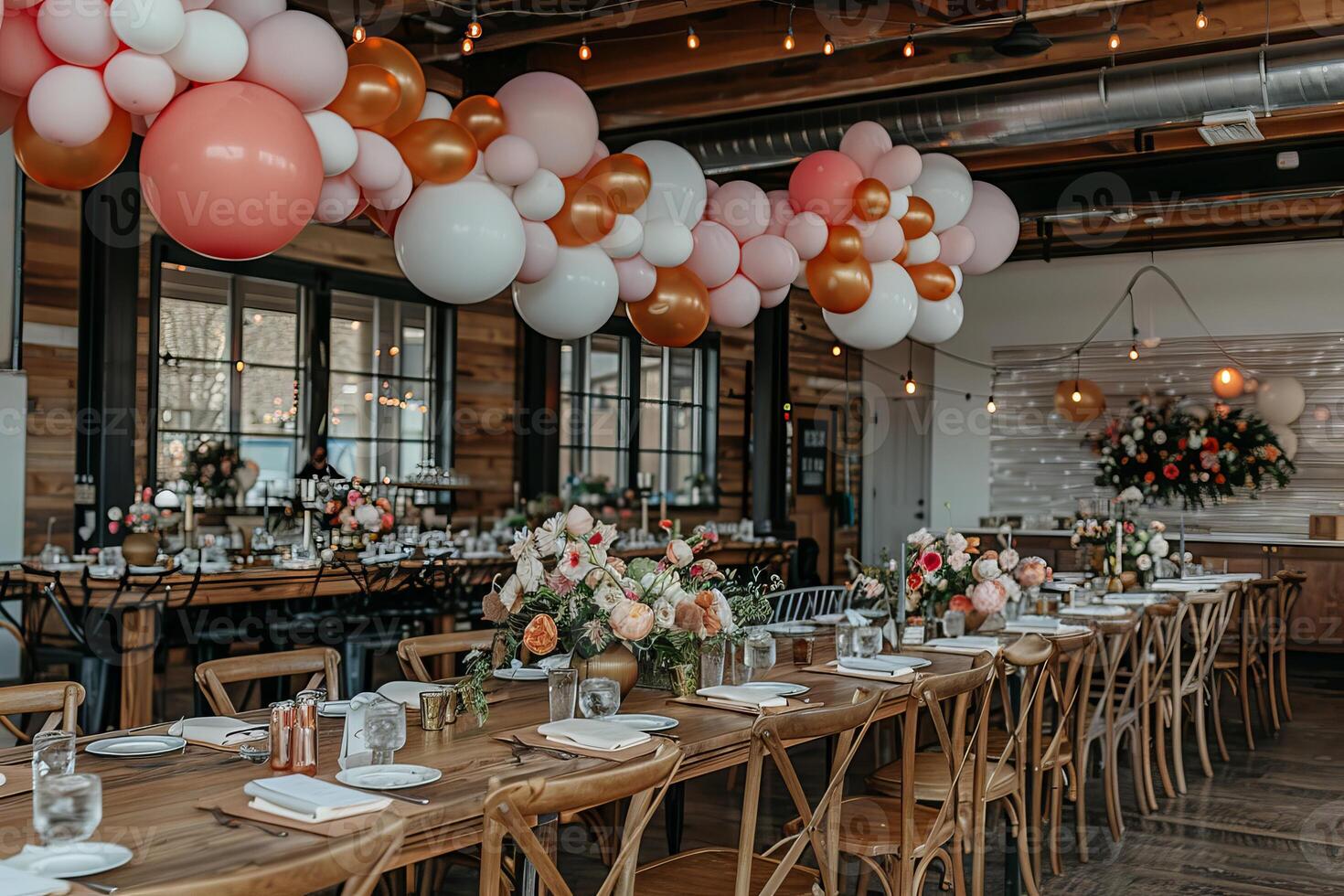 Balloon garland adorning a wedding reception venue, adding a touch of whimsy photo