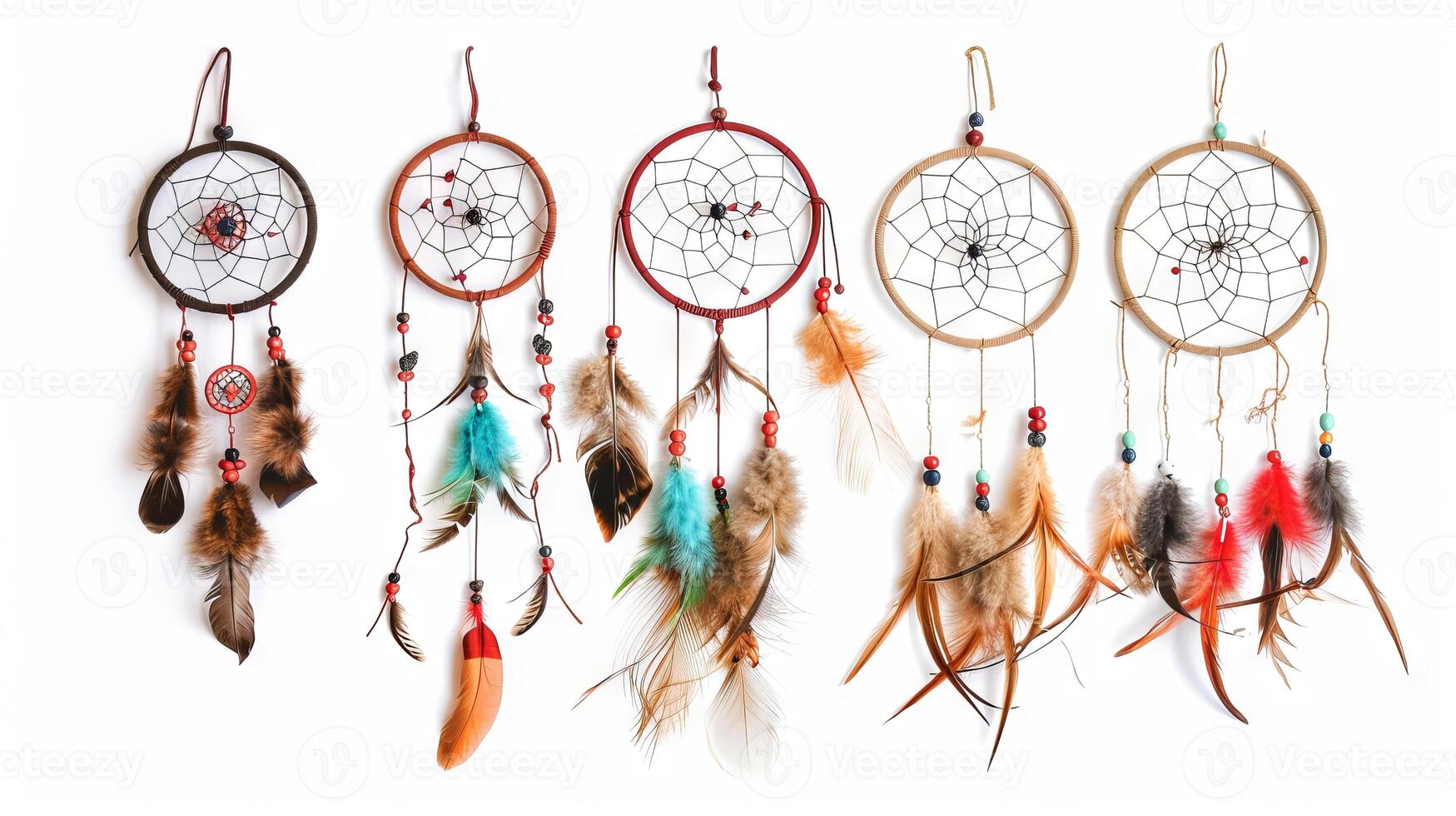 Boho-chic dreamcatchers with eclectic designs and natural elements add a sense of bohemian flair to designs on white photo