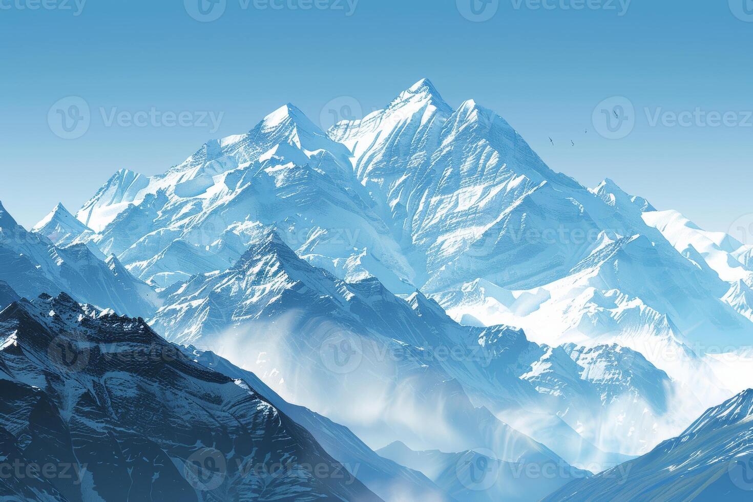 A serene mountain landscape, with snow-capped peaks towering against a clear blue sky photo