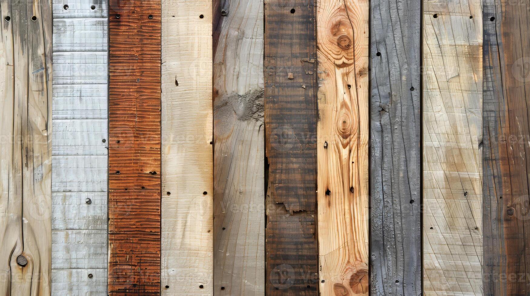 A row of wooden boards with different colors and textures photo