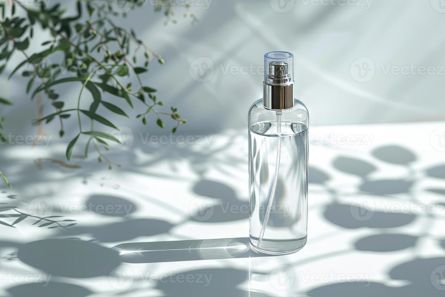 Body mist spray bottle on a soft transparent white surface, perfect for beauty product promotions photo