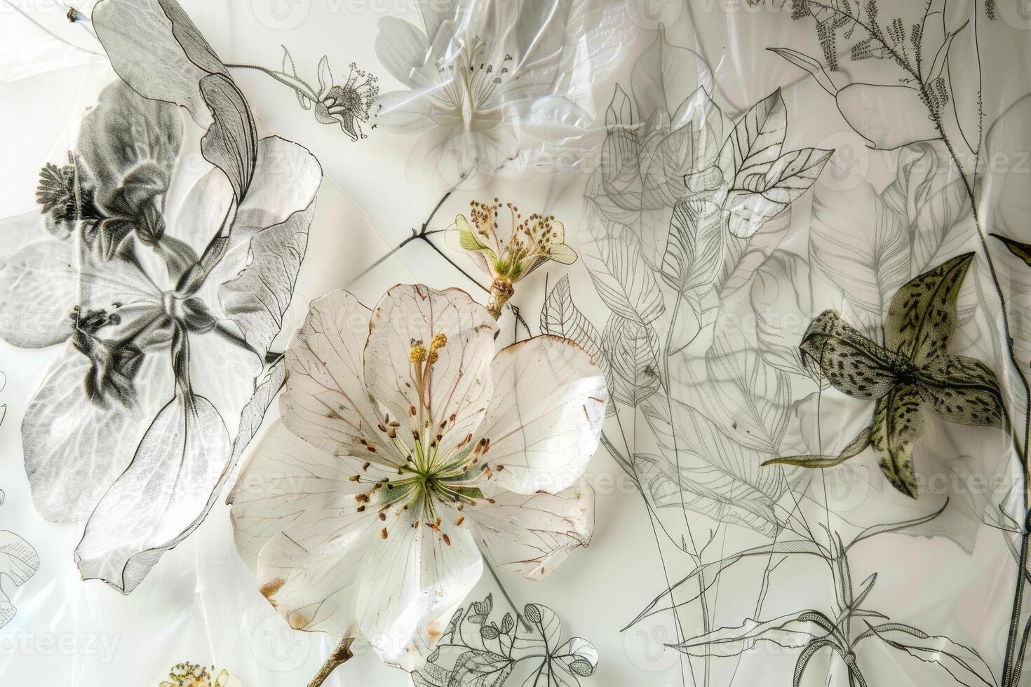 Detailed botanical sketches creating visual interest against a translucent white surface photo