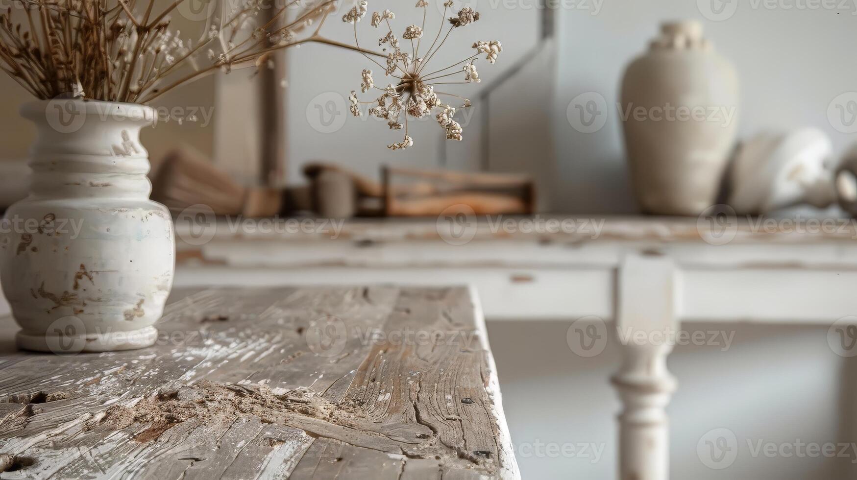 A table with a vase of flowers and a book on it. The table is made of wood and has a rustic look photo