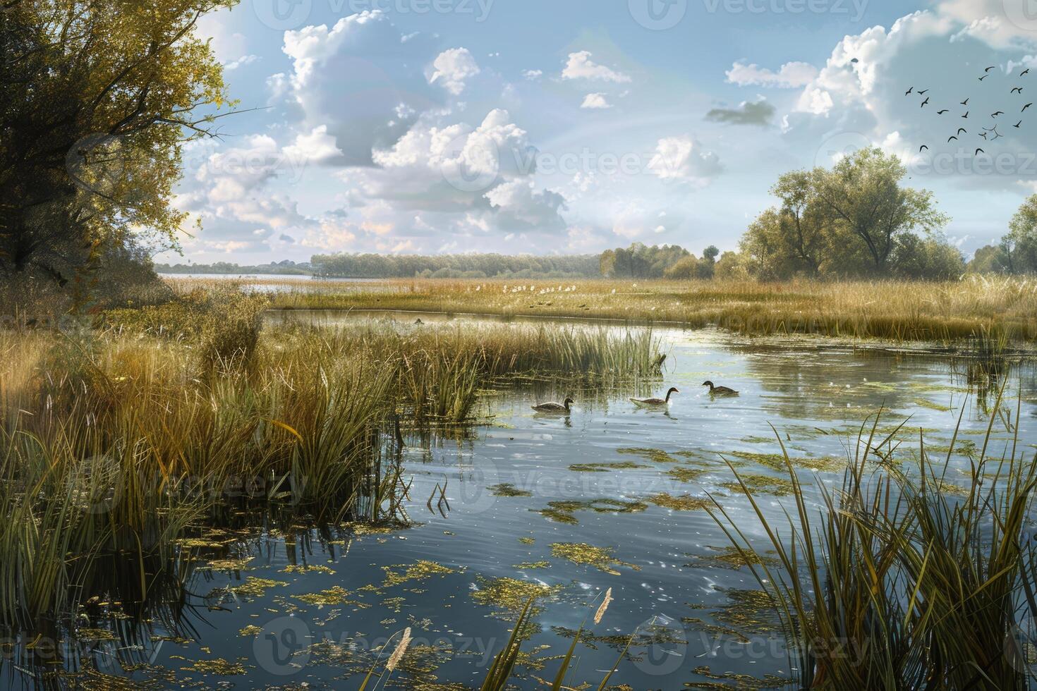A serene marshland, with tall grasses and waterfowl wading in the shallow waters photo