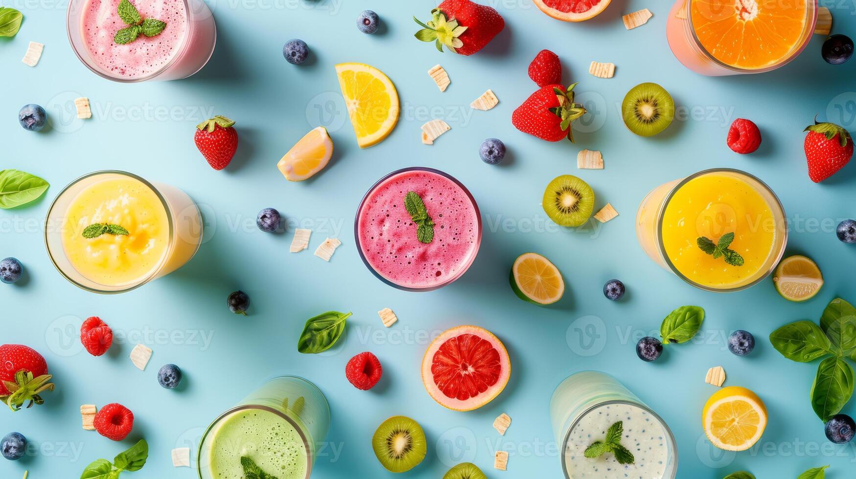 Harmonious arrangement of spinning smoothie ingredients in a harmonious pattern photo