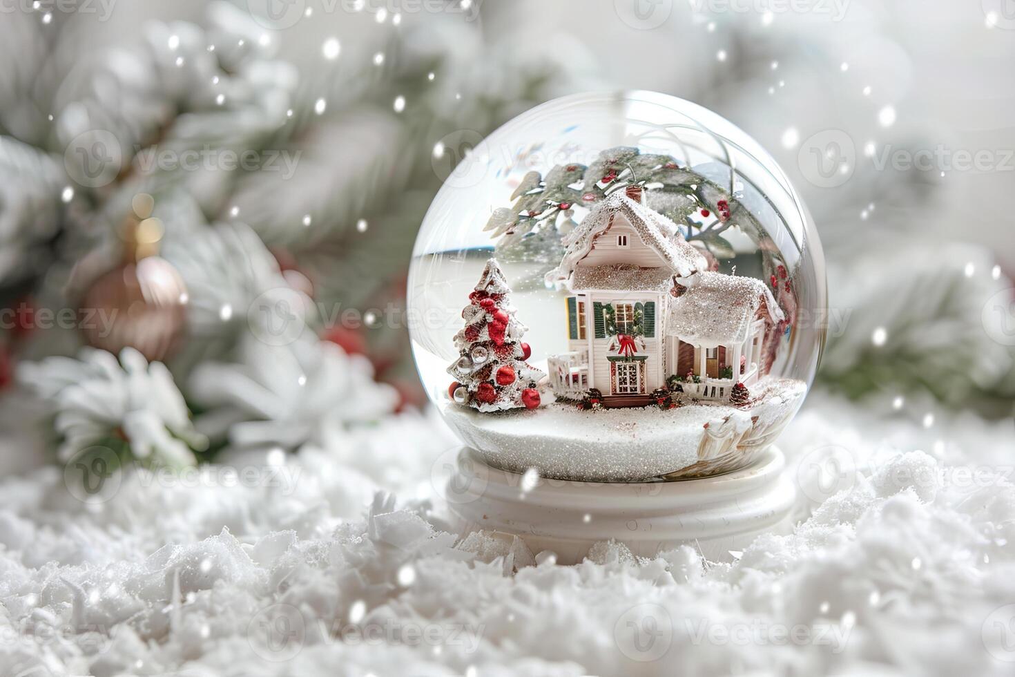 Whimsical Christmas snow globe on a soft transparent white backdrop, perfect for holiday cards photo