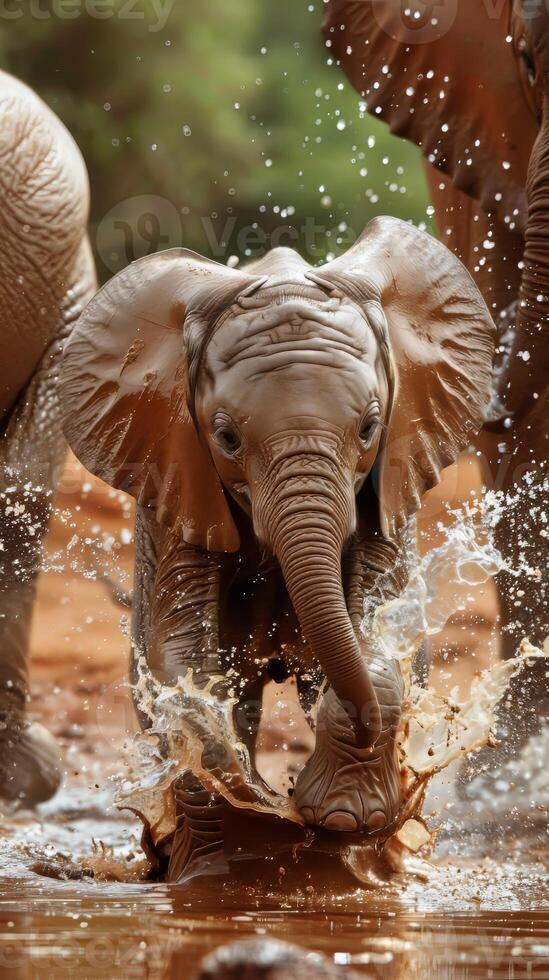 Gentle baby elephants splashing in muddy watering holes, their trunks spraying water in all directions photo