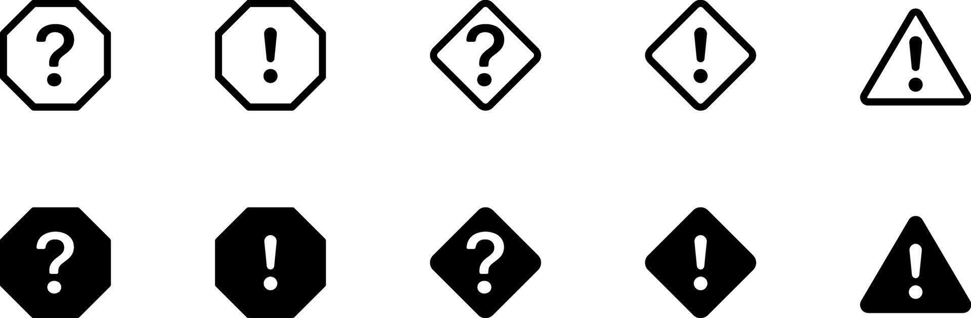 Warning icons outline set Notification, hexagon alert, danger, Security and protection. Attention danger sign Caution error Exclamation mark, Question Mark, Safety Notice Icon in black and white vector