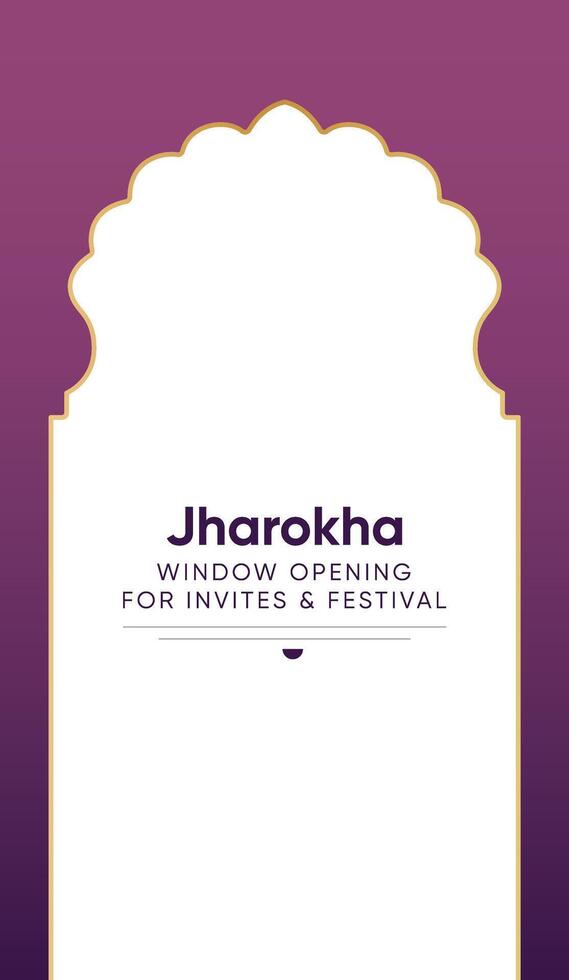 Abstract jharokha Islamic Label Frame islamic building arch architecture invite festival greeting wedding diwali. Royal purple gradient with gold emblem window opening gate. Copy space for text middle vector