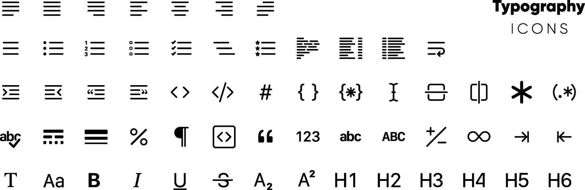 Typography icon set essentials Contains Paragraph line align indent heading font type asterisk suitable for website UI subscript superscript bold italics underline type for graphic design software web vector