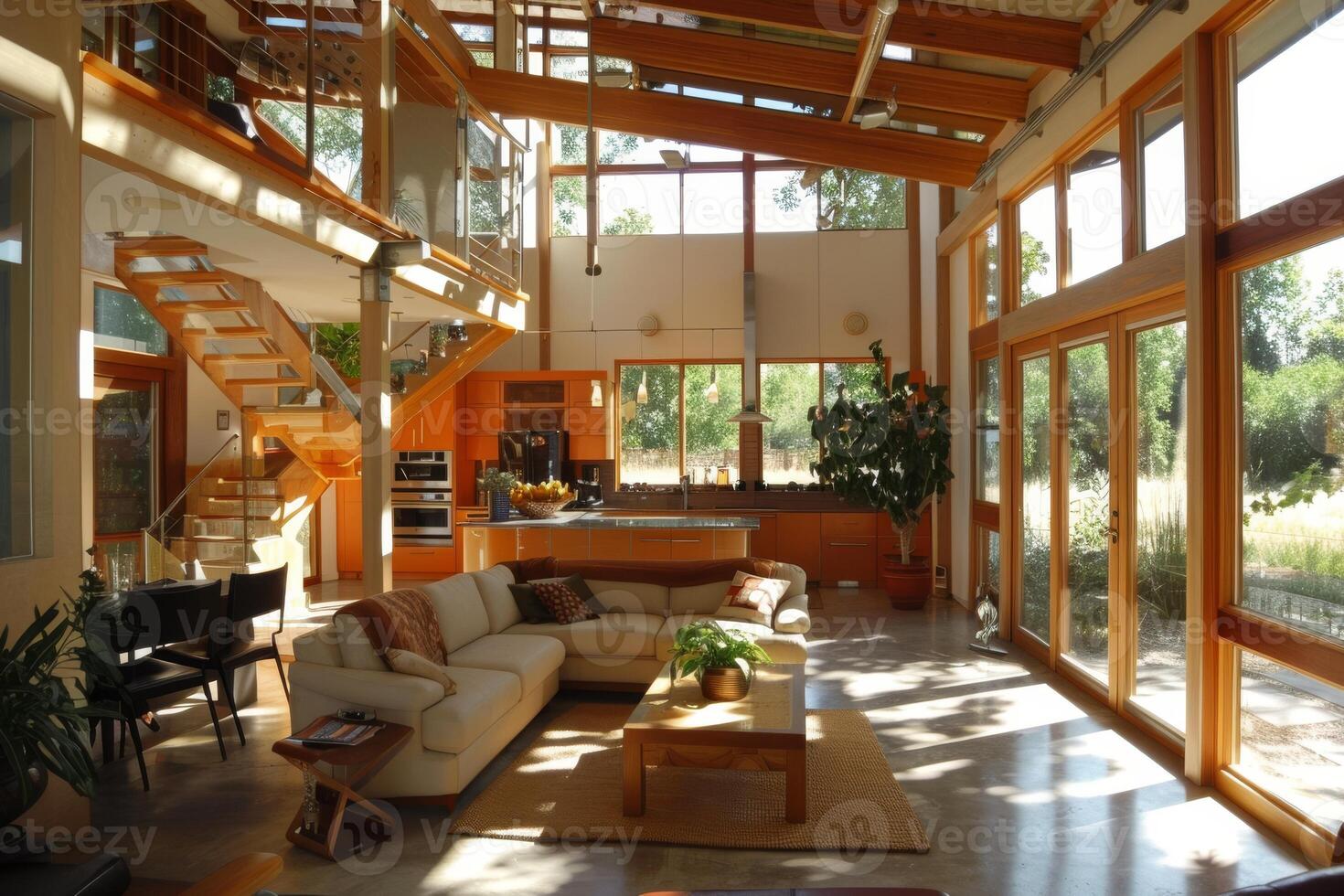 Sustainable energy-efficient home with passive solar design and energy-efficient appliances, reducing carbon footprint photo