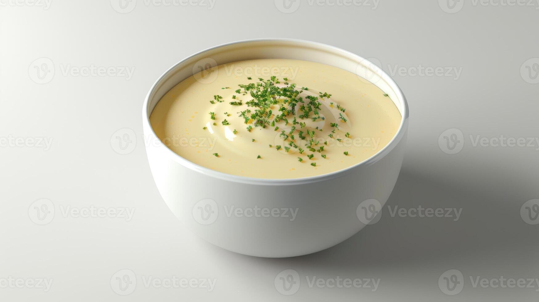 Spinning bowl of creamy soup against a blank background photo