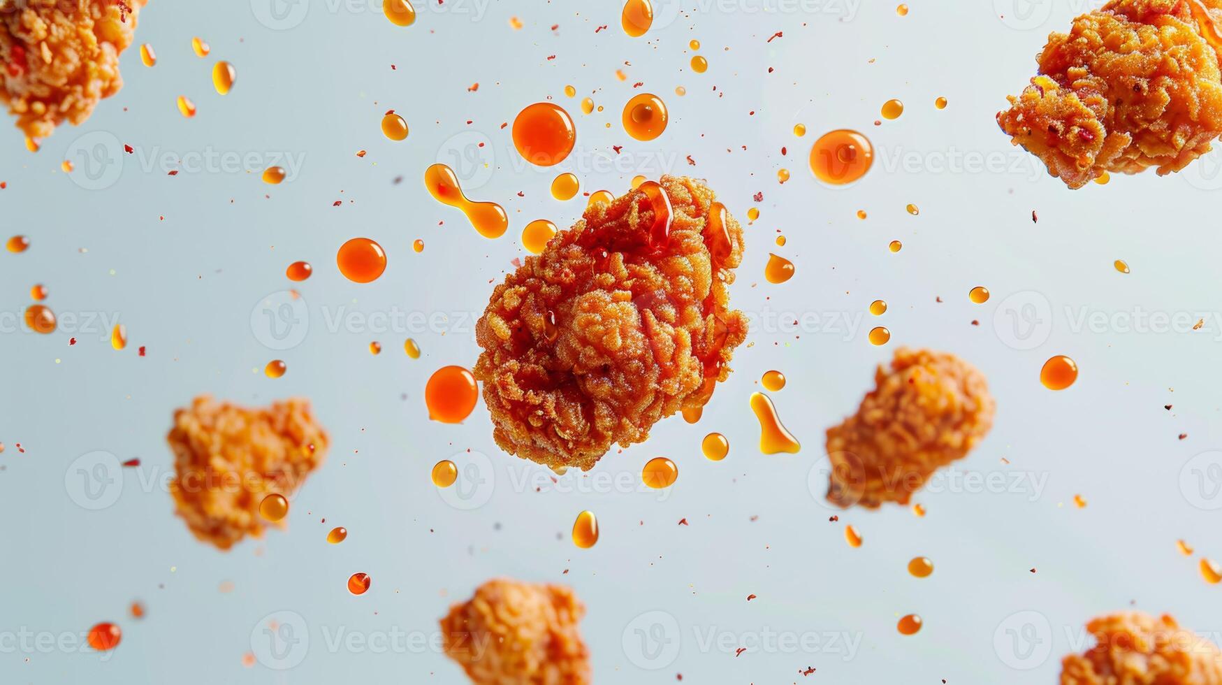 Top-down shot of levitating pieces of fried chicken with sauce photo