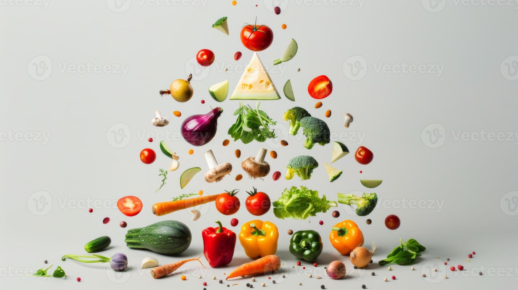 Conceptual representation of spinning vegetables forming a pyramid, symbolizing nutrition photo