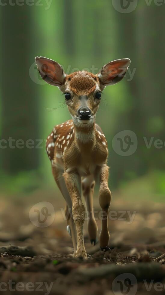 Dainty baby deer taking tentative steps through the forest, their ears flicking nervously photo
