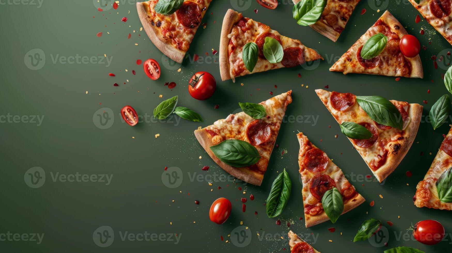Modern design with floating slices of pizza and space for restaurant logos photo