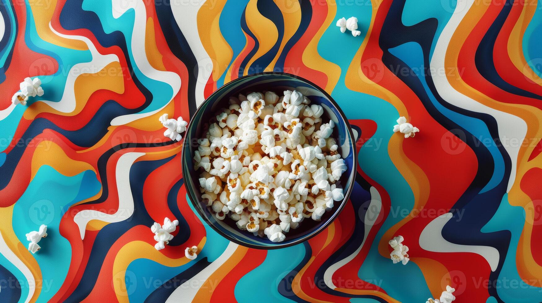 Bold and colorful poster design with a spinning bowl of popcorn photo
