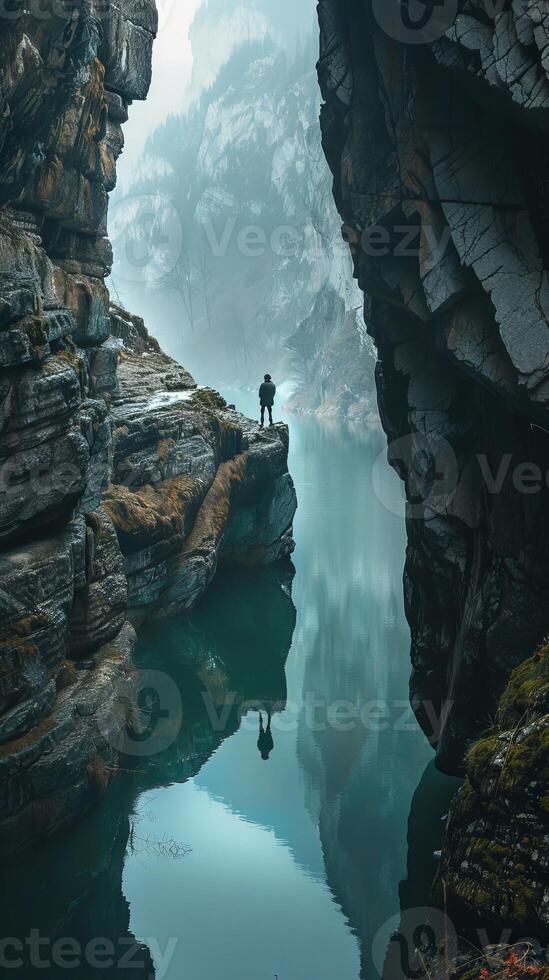 A man stands on a ledge overlooking a river. The water is calm and the sky is cloudy. The man is enjoying the view and taking in the beauty of the natural surroundings photo