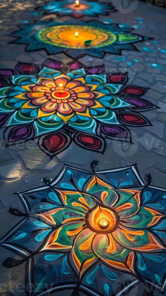 Diwali diyas and rangoli patterns for light photo