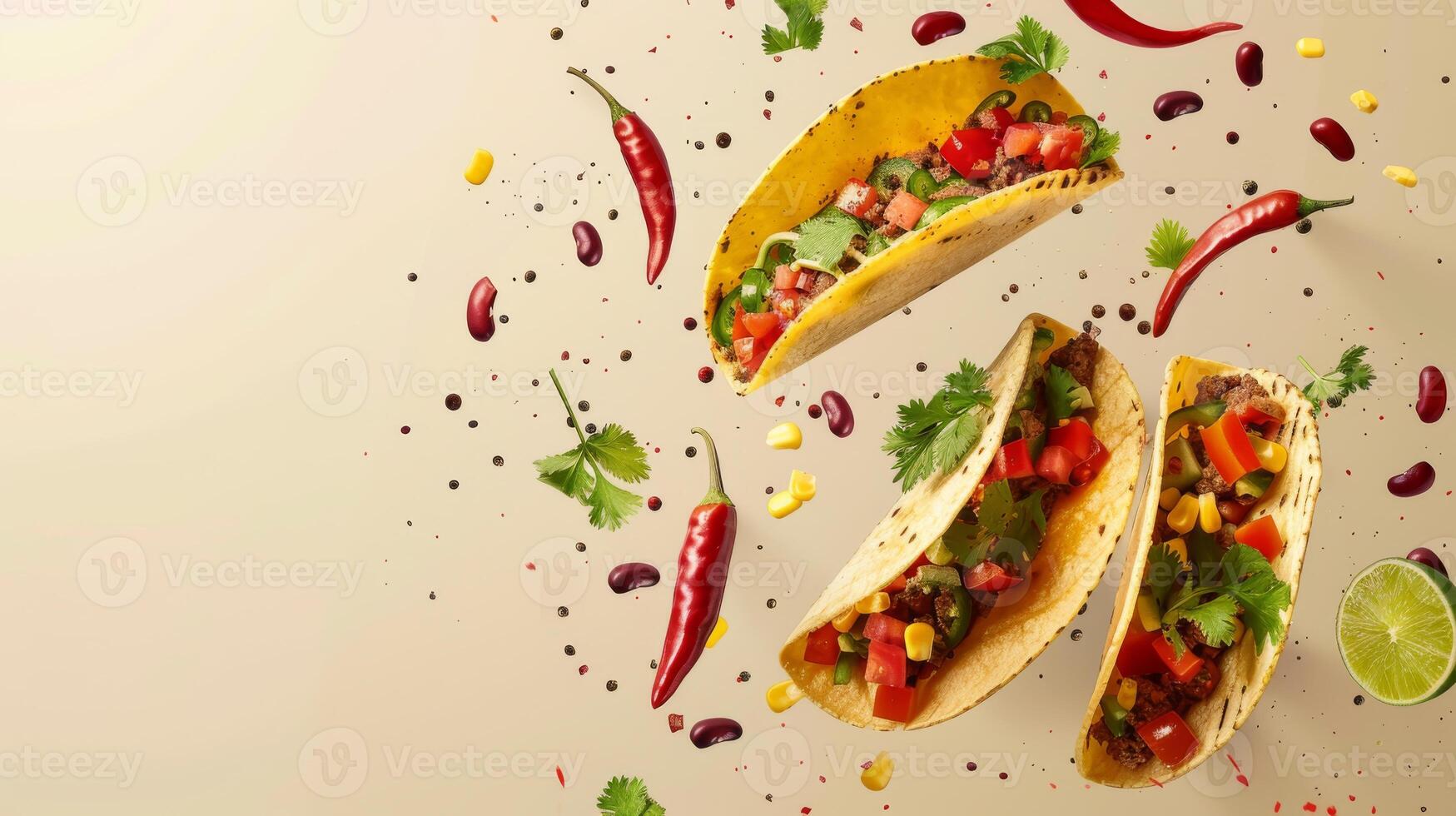 Dynamic design featuring floating taco ingredients and room for Mexican restaurant logos photo