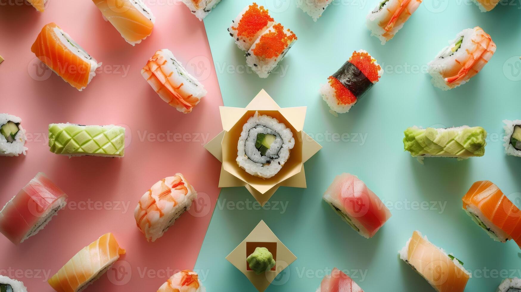 Geometric arrangement of spinning sushi rolls in a geometric pattern photo