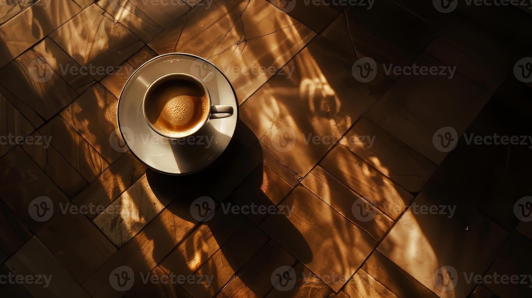 A coffee cup sits on a wooden table, with the sun shining on it photo