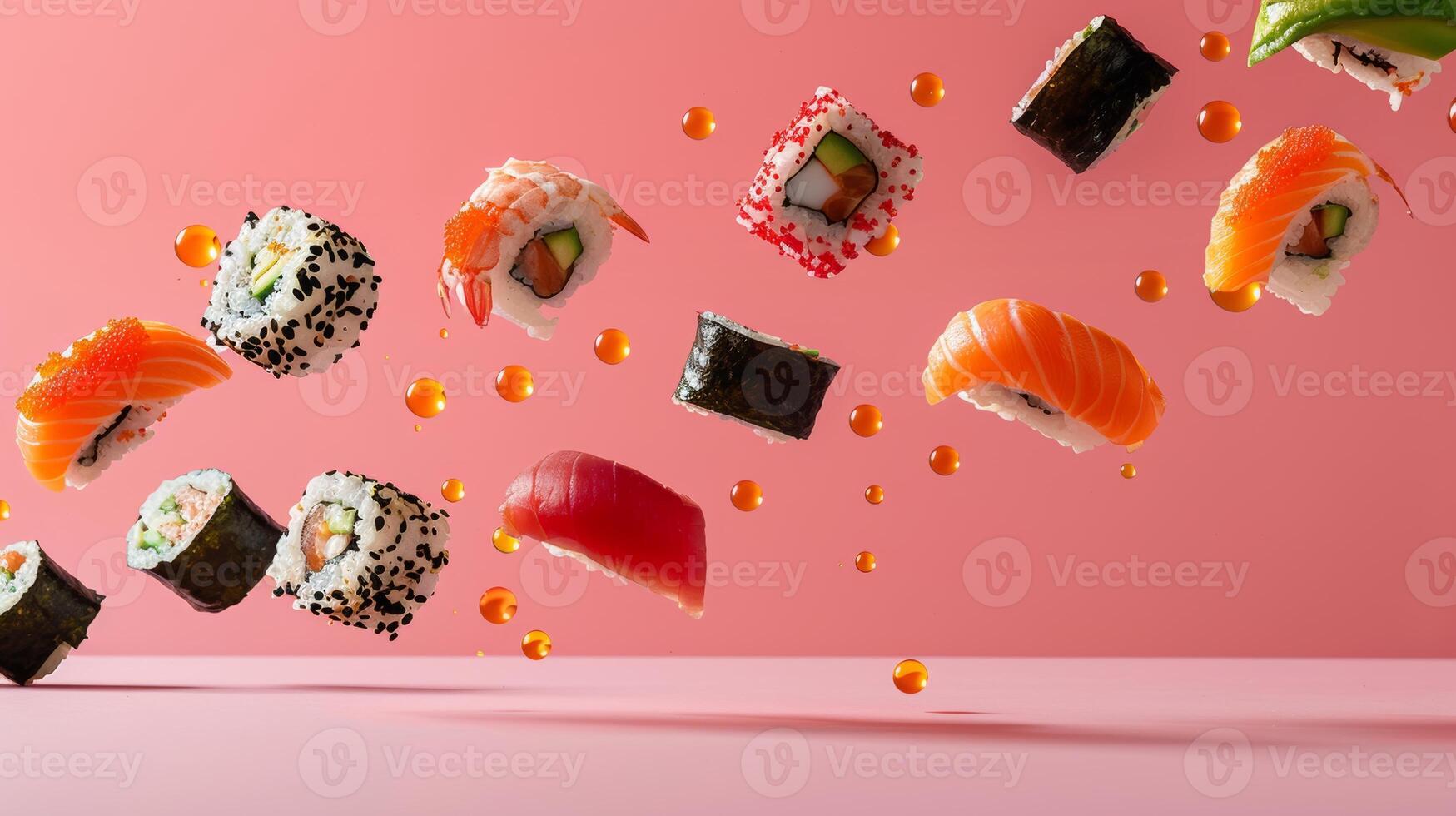 Vibrant composition of levitating sushi rolls arranged in a diagonal pattern photo